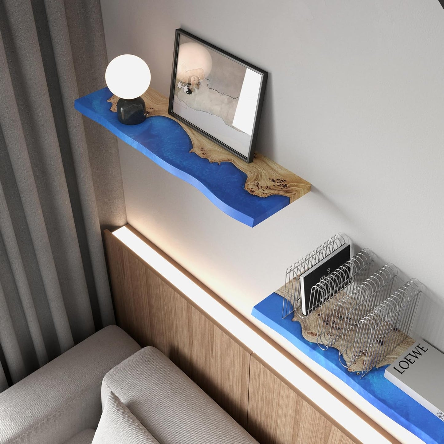 Unique Live Edge Floating Shelves for Wall - Stylish Blue Shelves for Room Wall Bedroom Bathroom Office Decor, Epoxy and Wood Wall Shelf Plank - Elegant Wall Mounted Shelves Design, (blue 16x6")