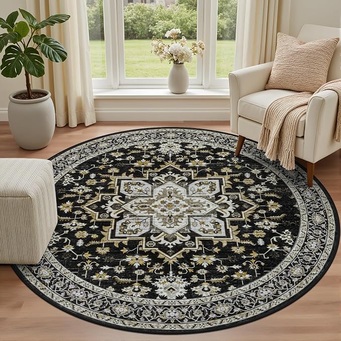 Round Area Rug for Living Room: 8 ft Washable Vintage Boho Soft Thin Circle Rug Indoor Floor No Slip Stain Resistant Carpet for Bedroom Dining Room Farmhouse Nursery Home Office -Black Gold