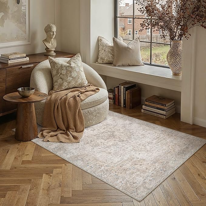 HUGEAR Area Rugs 3x5 Washable Rug for Living Room Bedroom Beige Vintage Rug Carpet Low Pile Non Slip No Shedding Soft Durable Indoor Dining Room Home Decor Floor Mat