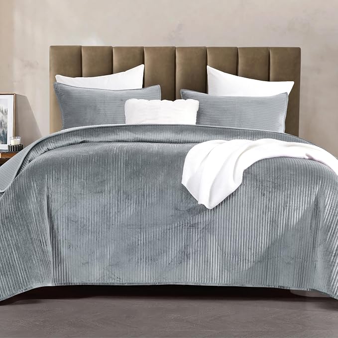 Elegant Comfort Luxury 3-Piece Velvet Corduroy Stripe Quilt Set, Ultra Soft Bedspread - Cozy Velvet Coverlet Set - 3PC Medium Weight Quilted Set with Matching Pillow Shams, Queen, Gray