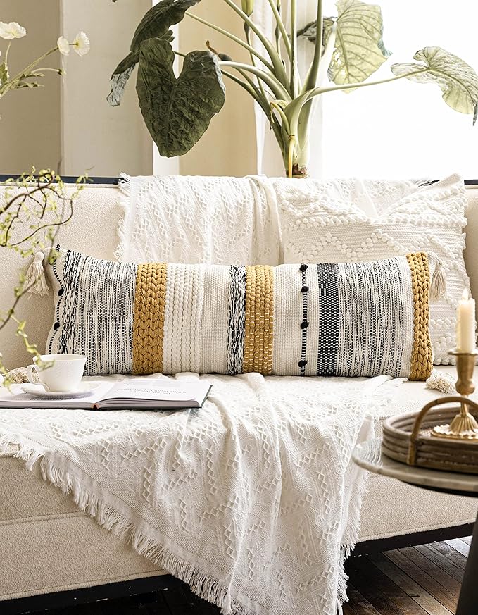 BlissBlush Decorative Lumbar Throw Pillow Cover 14x36 Boho Long Cushion for Bed Yellow Mustard Accent Farmhouse Pillowcase for Bedroom Living Room Couch Sofa Home Décor Cover ONLY