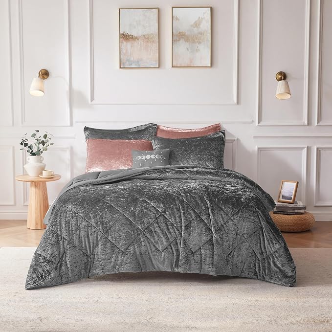 Intelligent Design Queen Duvet Cover Set, Velvet Queen Duvet Set, Luxury Diamond Quilting Grey Duvet Cover, Fluffy Duvet Cover with Decorative Pillow and 2 Shams, 4 Pieces, Grey, Full/Queen