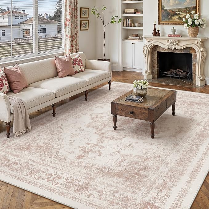 PureCozy Washable Rug 6x9 Area Rug for Living Room Pink Vintage Boho Medallion Large Distressed Retro Carpet Non Slip Indoor Low Pile Small Soft Bedroom Dining Room Home Office