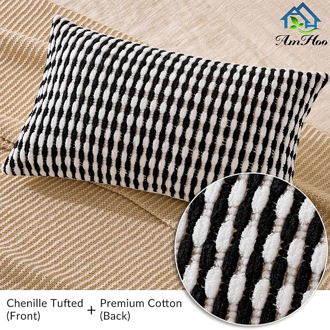 AmHoo Set of 2 Boho Chenille Pillow Cover Decorative Tufted Pillowcase for Couch Bed Sofa Bedroom Living Room Modern 12 x 20-Inch Black
