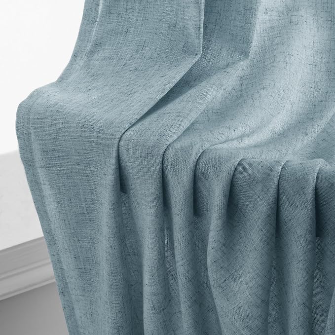 Dusty Blue Curtains 90 Inch Length for Living Room Sliding Door 2 Panels Linen Drapes Light Filtering Modern Coastal Stone Blue Semi Sheer Window Curtains 90 Inches Long for Dining Room Bedroom