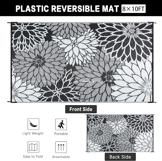 HUGEAR 8'x10' Outdoor Rug Waterproof Plastic Straw Rugs Large Black Reversible Floral Mat Floor Carpet for Camping RV Deck Entryance Porch Picnic Balcony Beach Backyard