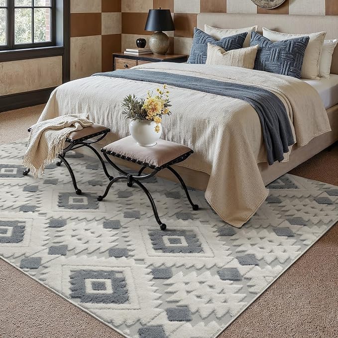 PureCozy Moroccan 5x7 Area Rug for Living Room Blue Grey Washable Checkered Shag Bedroom Carpet Non Slip Soft Neutral Boho Modern Throw Rug for Office Kitchen Dining Room Nursery
