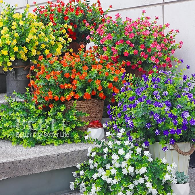 UV Resistant Artificial Flowers for Indoor and Outdoor Use, 12 Bundles Not-Fading Faux Plants for Porch, Patio, Garden, and Home Decoration - Orange Pink Red