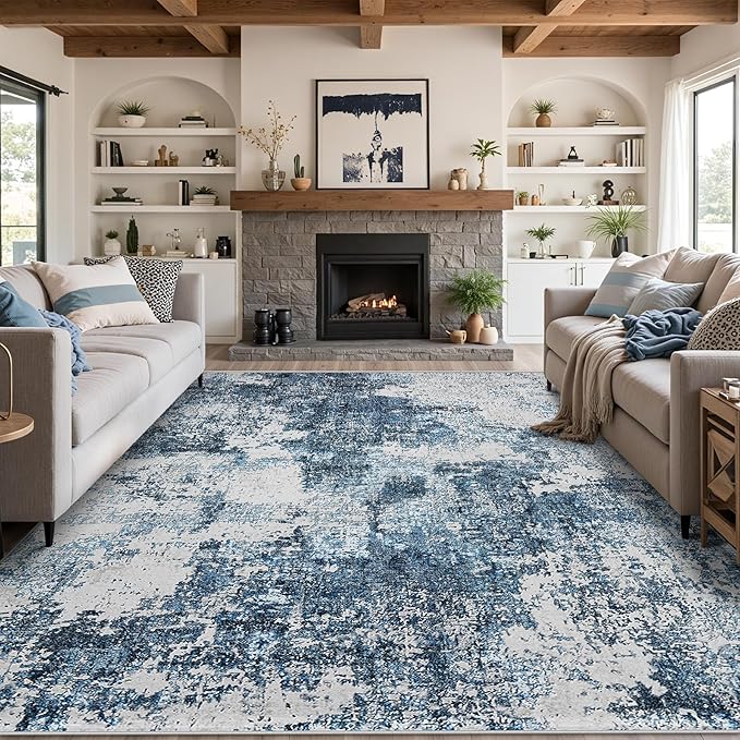 8x10 Area Rug for Living Room Bedroom: Large Washable Rug with Anti-Slip Backing Non-Shedding Stain-Resistant Soft Abstract Carpet for Dining Room Nursery Home Office (Blue)