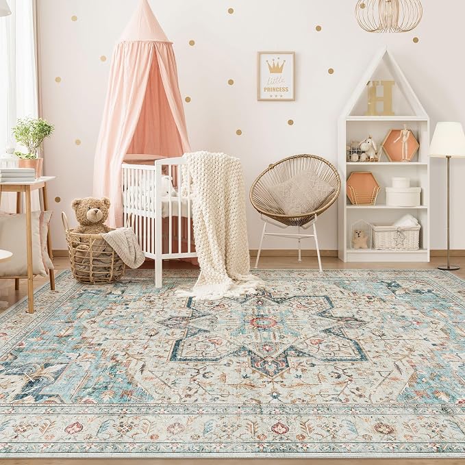 Tortania Area Rug Living Room Rugs - 10x12 Washable Boho Rug Vintage Oriental Distressed Farmhouse Large Thin Indoor Carpet for Living Room Bedroom Under Dining Table Home Office - Aqua Multi