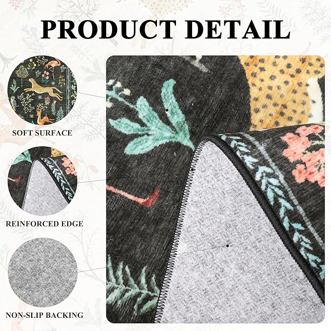 DUKINO 6x9 Rug, Washable Animal Living Room Rug with Non Slip Vintage Design, Soft Low Pile Large Carpet for Bedroom, Nursery, Dining Room, Farmhouse, Playroom, Black