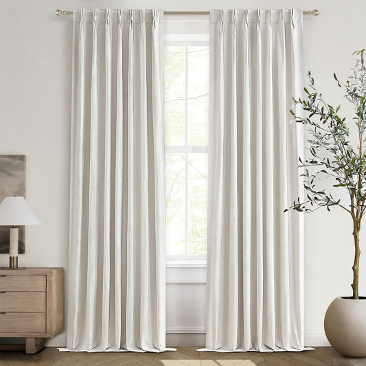 Beige Linen Blackout Curtains 96 Inches Long, Pinch Pleated Elegant Thermal 8ft for Living Room Sliding Glass Door Burg Floor to Ceiling Track Window Drapes Heathered 2 Panels
