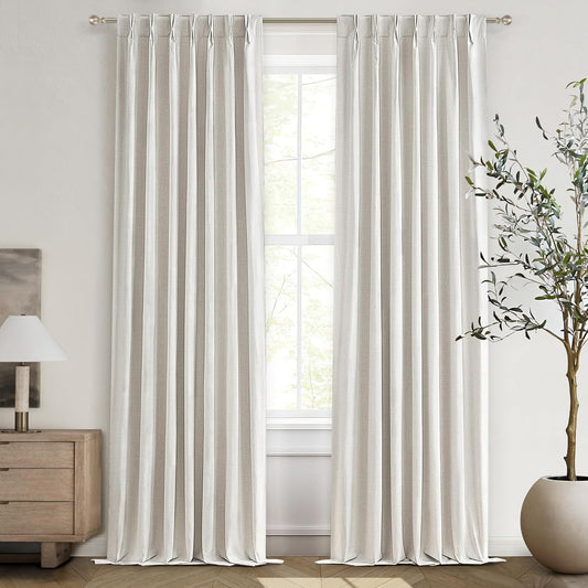 Pinch Pleated Blackout Long Luxury Curtains for Living Room, Linen Drapes 108 Inches 2 Panels Rustic Country Thermal Insulated Noise Reducing Window Curtains with Hooks 9ft Extra Long Pleat Faux Linen