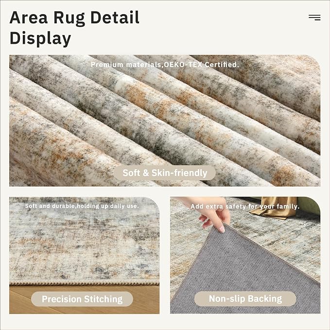Soalmost Abstract Rug 8x10 Large Living Room Rugs Neutral Modern Washable Area Rugs for Bedroom Dining Room Non-Slip Stain Resistant Foldable Thin Rug Brown Grey