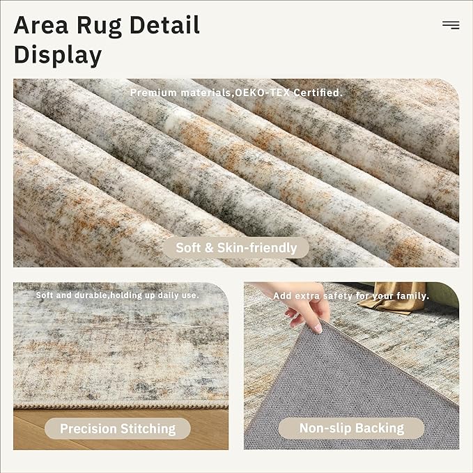 Soalmost Abstract Rug 8x10 Large Living Room Rugs Neutral Modern Washable Area Rugs for Bedroom Dining Room Non-Slip Stain Resistant Foldable Thin Rug Brown Grey
