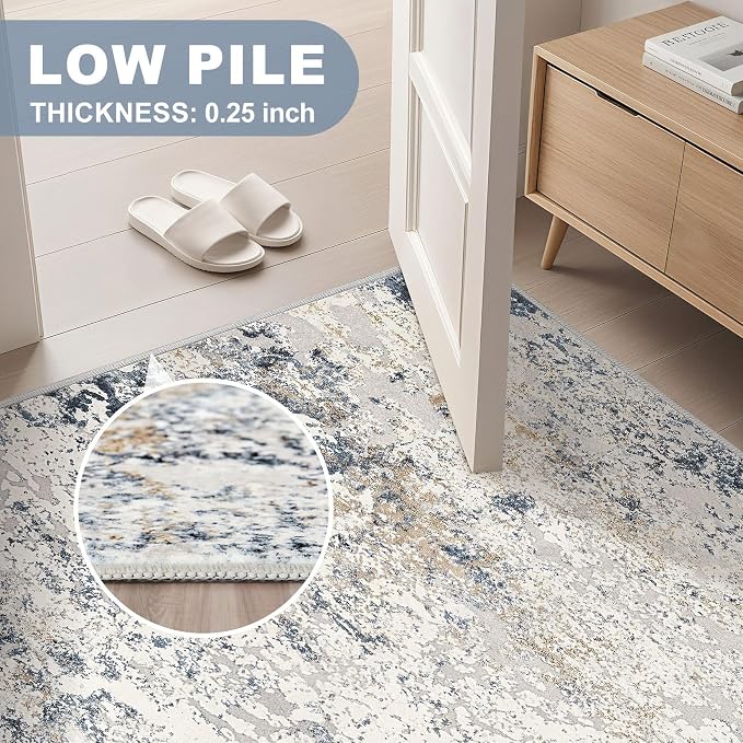 DMOYEST Square Area Rug Living Room Rugs - 6x6 Washable Large Soft Indoor Neutral Modern Abstract Low Pile Rug Carpet for Bedroom Dining Room Farmhouse Home Office - Beige Blue