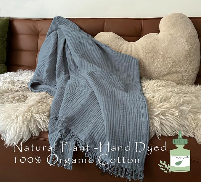 KyraHome 100% Organic Cotton Blanket, 50"x60" Muslin Blankets for Adults, Pre-Wahed Plant Dyed, Breathable Lightweight Gauze Summer Throw Blanket for Couch, (Slate Blue)