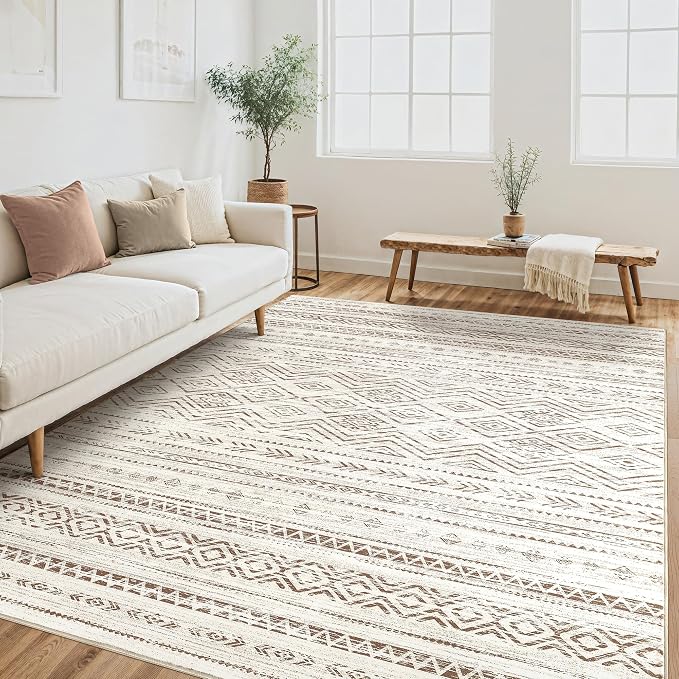 Tortania Area Rug Living Room Rugs - 5x8 Washable Large Soft Neutral Boho Moroccan Bohemian Farmhouse Rug Indoor Floor Carpet for Bedroom Under Dining Table Home Office Decor - Beige Brown