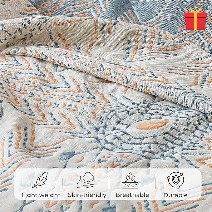 Large Boho Throw Blanket,90"x98" Double-Sided Soft Cotton Quilt,4-Layer Gauze Muslin Blankets for Adults,Unique Geometric Bedspread Home Decor,Breathable Summer Blanket, Blue/Beige