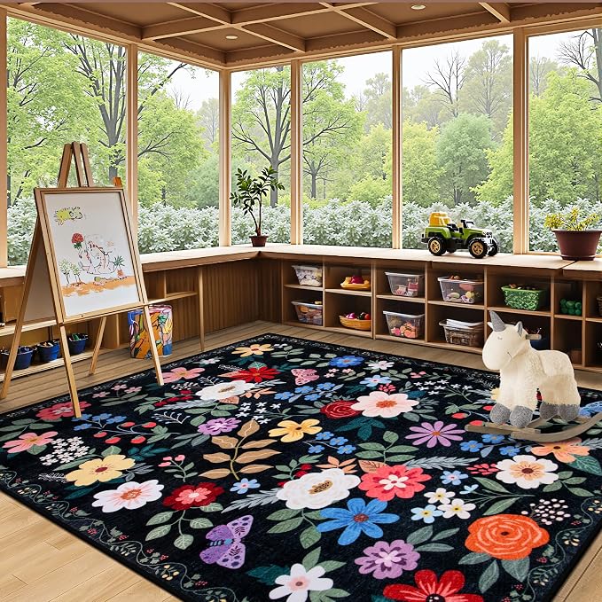 6x9 Area Rugs for Living Room: Floral Washable Rug Vintage Large Soft Boho Non-Slip Carpet Indoor Floor Stain Resistant Thin Carpets for Bedroom Dining Room Farmhouse Nursery Hallway Home Office Black