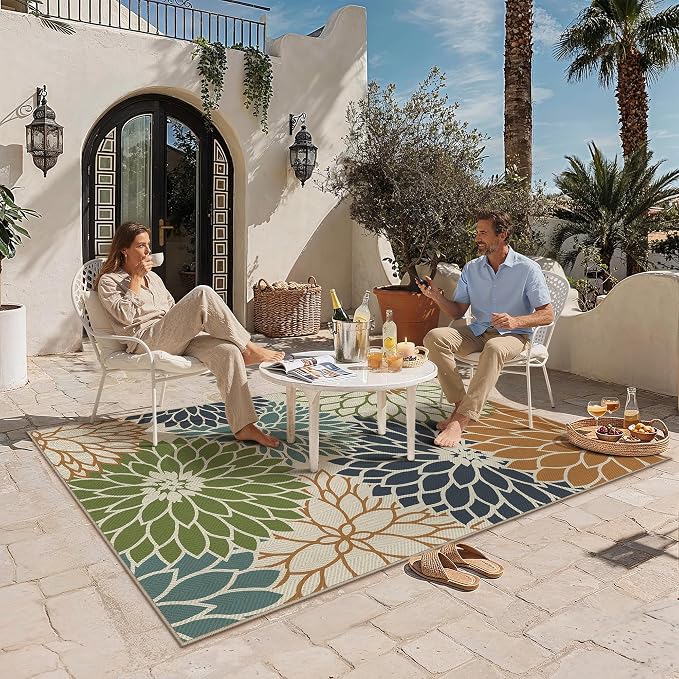 HUGEAR 6'x9' Floral Outdoor Rug Linen-Look Waterproof Colorful Floor Mat Home Decor for Camping RV Outside Area Rug Patio Deck Porch Balcony Backyard Picnic Beach Carpet