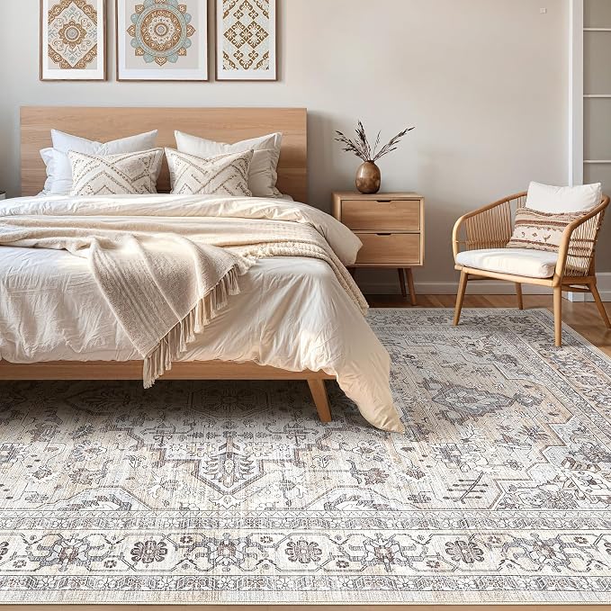 7x10 Area Rug Living Room: Washable Boho Large Neutral Vintage Soft Rugs Stain Resistant Farmhouse Non Slip Indoor Floor Carpet for Bedroom Nursery Kids Playroom Office Dining Room- Ivory Gray