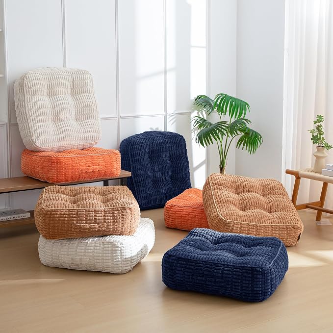 HIGOGOGO 8" Floor Pillow Cushion for Adults, Meditation Cushion Pillow, Blended Corduroy Cover, Large Square Floor Sitting for Tatami Living Room or Yoga, 2Pack, Navy