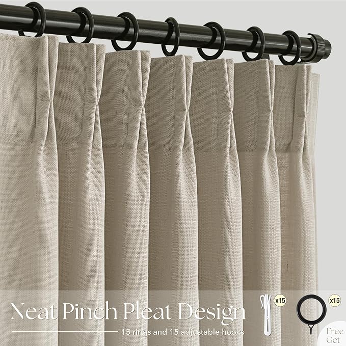 Linen Pinch Pleated Curtains 45 Inch Length 2 Panels for Living Room Bedroom Textured Semi Sheer Drapes Pinch Pleat Rings Window Curtain 40x45