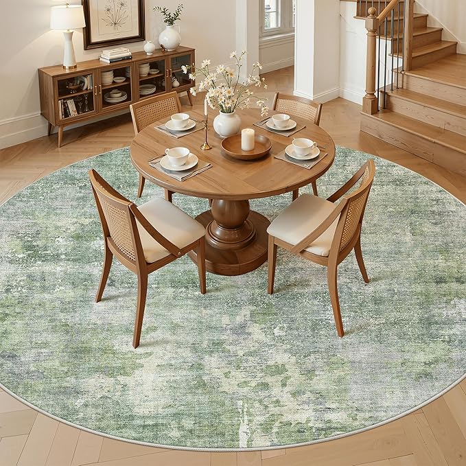 Soalmost 8x8 Green/Ivory Round Rug 8ft Living Room Circle Rug Vintage Round Area Rug Non Slip Indoor Carpet for Apartment