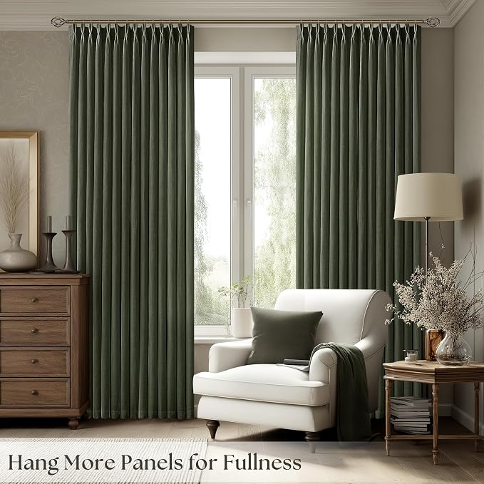 Dark Green Linen Curtains 96 Inches Long Memory Shape Trained Pinch Pleated Curtain for Living Room with Hooks Rings Back Tab Pinch Pleat Curtains 96 Inch Length for Bedroom Dining Room Rifle Green