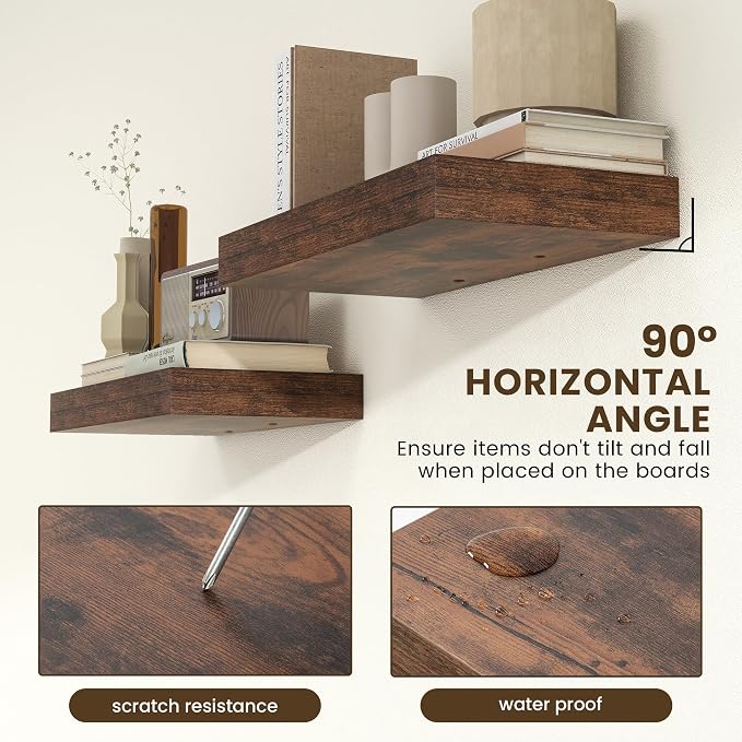 FLYJOE Deep Floating Shelves 24 Inches Long Set of 2 | 12 Inch Deep Shelves for Wall, Rustic Brown Wood Shelves for Bathroom Living Room Laundry Room Kitchen