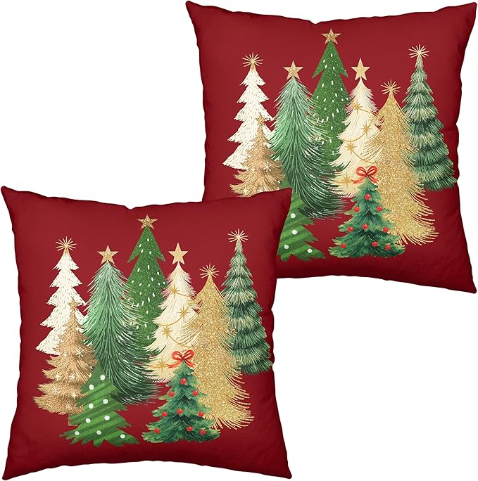 Red Christmas Pillow Covers 20x20 Set of 2 Gold Green Xmas Tree Pillow Case Winter Holiday Throw Pillow Covers Double Sided Printing Decorative Cushion Case for Couch Sofa