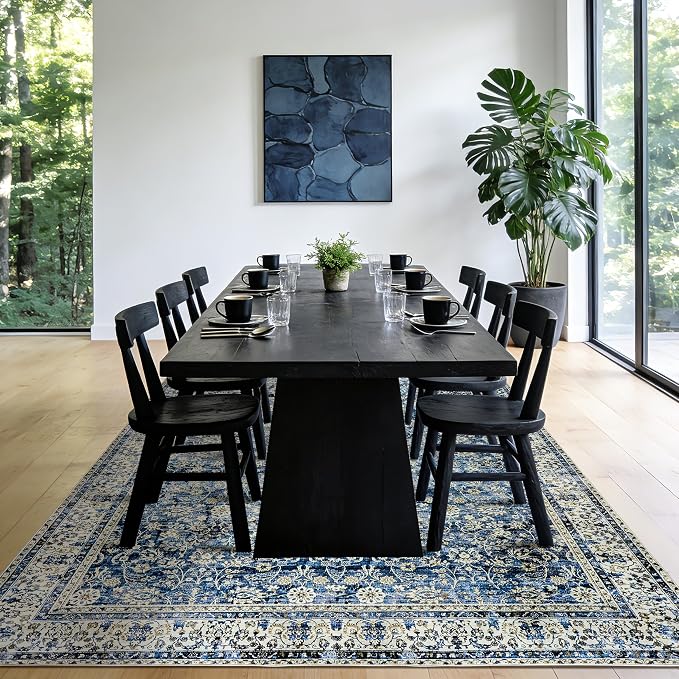 Large Area Rug for Living Room Vintage Blue Non Slip Washable Rugs 9x12 Neutral Boho Distressed Design Low Pile Stain Resistant Carpet for Bedroom Dining Room Office 9 x 12,Blue