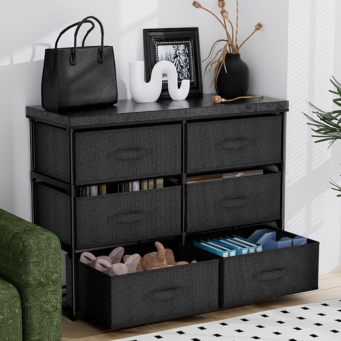 PPN Dresser with 6 Fabric Drawer Stand Desktop Sturdy Metal Plastic Support Tube Cube Storage Cabinet for Living Room, Bedroom Organization Dorm Front Hall Entryway Black