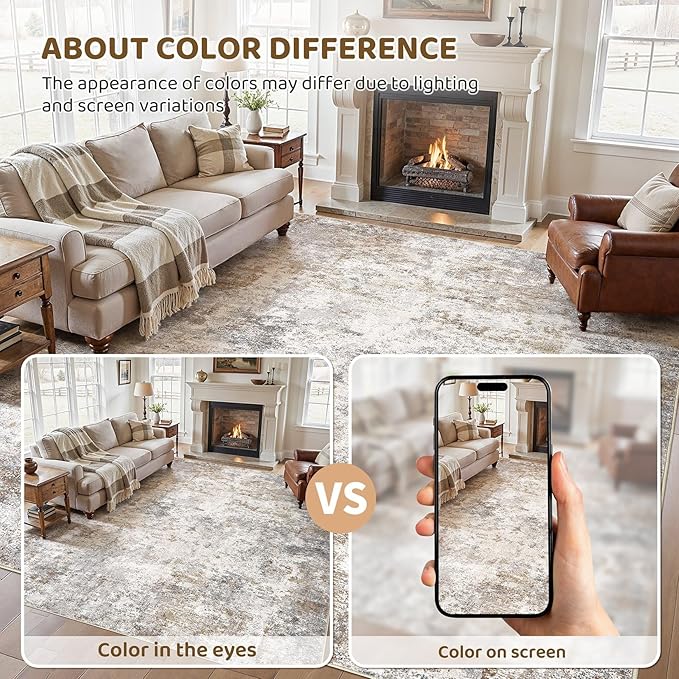 UERMEI 10x11 Area Rug Living Room Rugs - Washable Neutral Modern Abstract Soft Thin Rug Indoor Floor No Slip Rug Carpet for Bedroom Under Dining Table Home Office Decor - Brown Grey