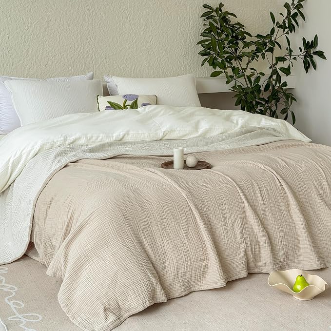 FALUCA Cotton Muslin Cooling Reversible Blanket Twin Size for Bed, Couch, Four Layers Blanket, Soft Lightweight Cozy Breathable Farmhouse Decoration for Summer, Khaki