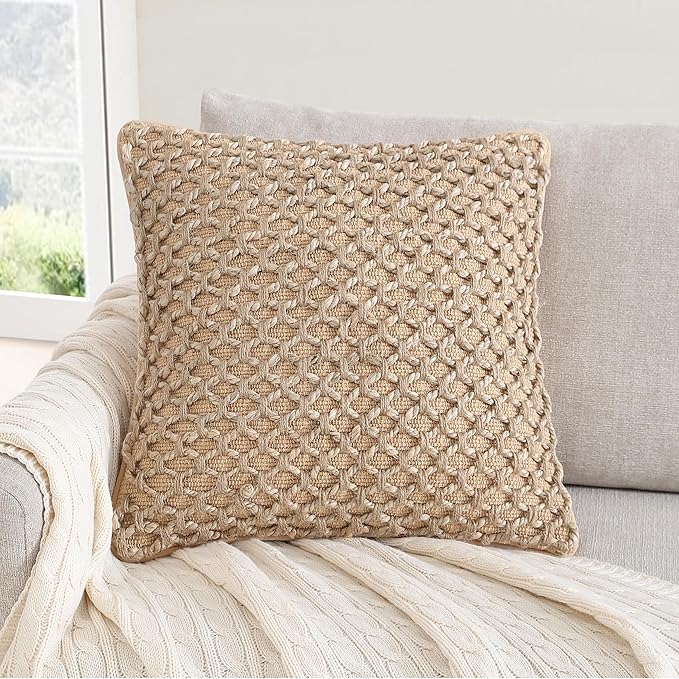 Boho Living Jada Decorative Throw, Includes Accent, Premium Woven Design, Living Room Décor, (1) 20" x 20" Pillow Cover with Insert, Beige