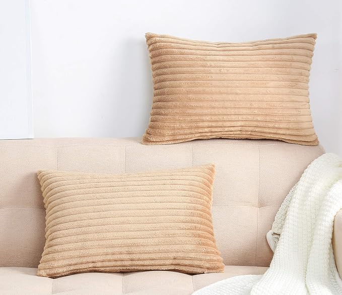 TangDepot Velvet Big Corduroy Pillow Covers 12x18 Khaki 2-Pack | Soft wide-stripe corduroy pillow cover, hidden zipper, machine washable, easy refresh, for bedroom living room indoor outdoor