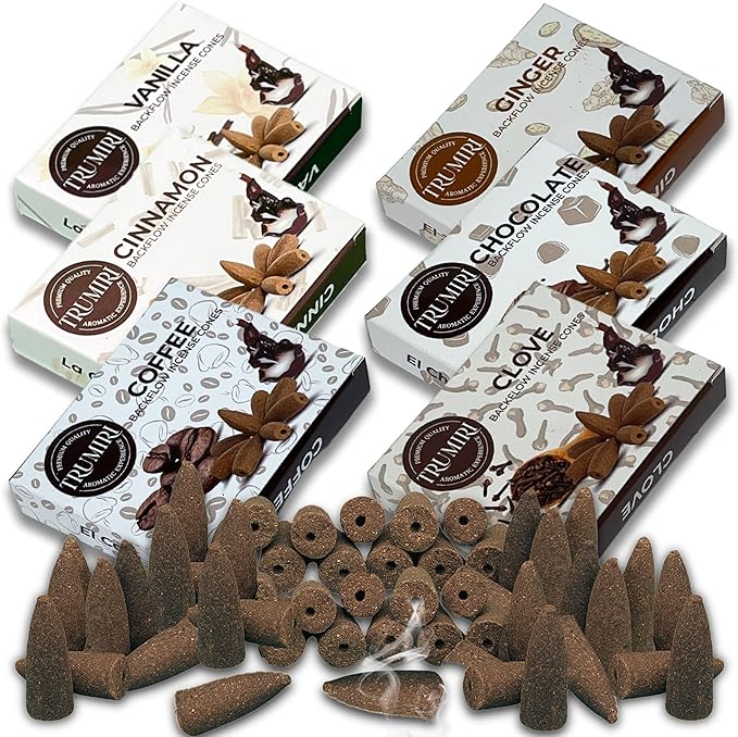 Gourmet - Backflow Incense Cones for Waterfall - Scented Inscents-Cones - Cinnamon, Vanilla, Coffee, Chocolate, Clove, Ginger - Insiensos Aromaticos - 6x10=60 Large Variety Pack