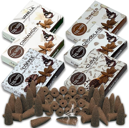 Gourmet - Backflow Incense Cones for Waterfall - Scented Inscents-Cones - Cinnamon, Vanilla, Coffee, Chocolate, Clove, Ginger - Insiensos Aromaticos - 6x10=60 Large Variety Pack