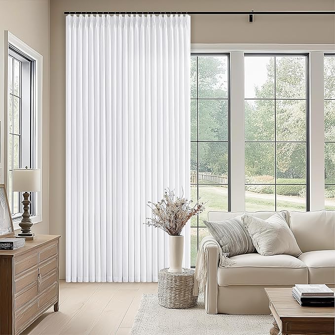 Extra Wide Pinch Pleat Linen Curtains 108 Inches Long for Living Room Sliding Glass Door 70 Inch Wide Semi Sheer Curtain White Pleated Drape Hooks Rings 70x108 Large Window Curtain 1 Panel