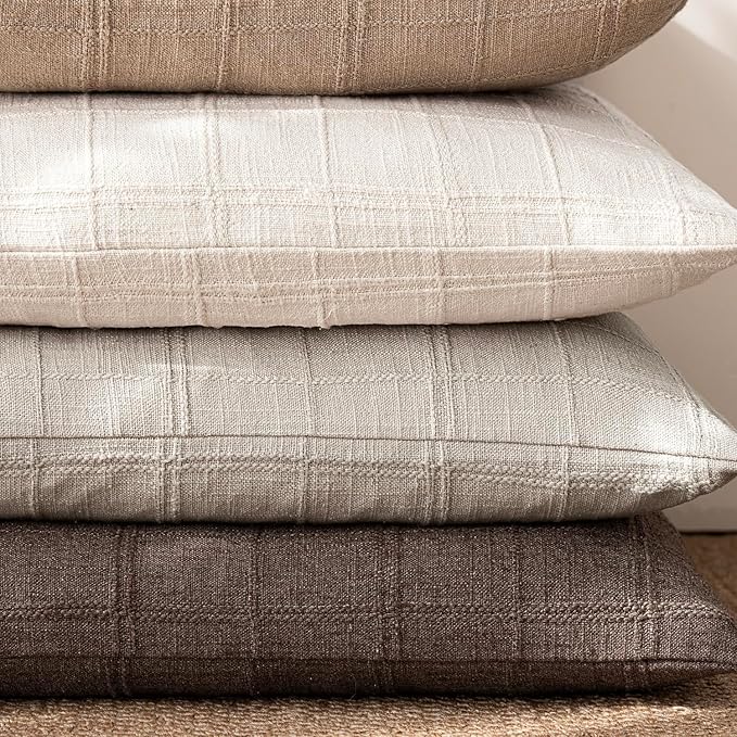 Foindtower Set of 2 Decorative Linen Check Throw Pillow Covers Neutral Farmhouse Lumbar Cushion Covers Modern Coastal Boho Home Decor for Sofa Chair Couch Bedroom Living Room,12×20 Inch,Light Grey