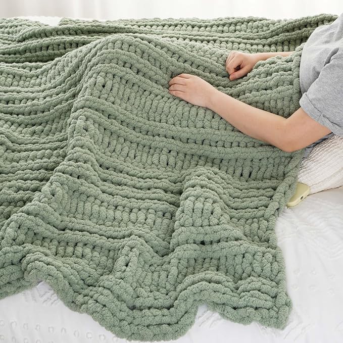 Battilo Chunky Knit Throw Blanket for Couch, 50"x60", Sage Green | Hand Knit, Gift Blanket, Cozy Warm Thick Soft Chenille Throw Blanket for Bed, Sofa, Chair, Living Room