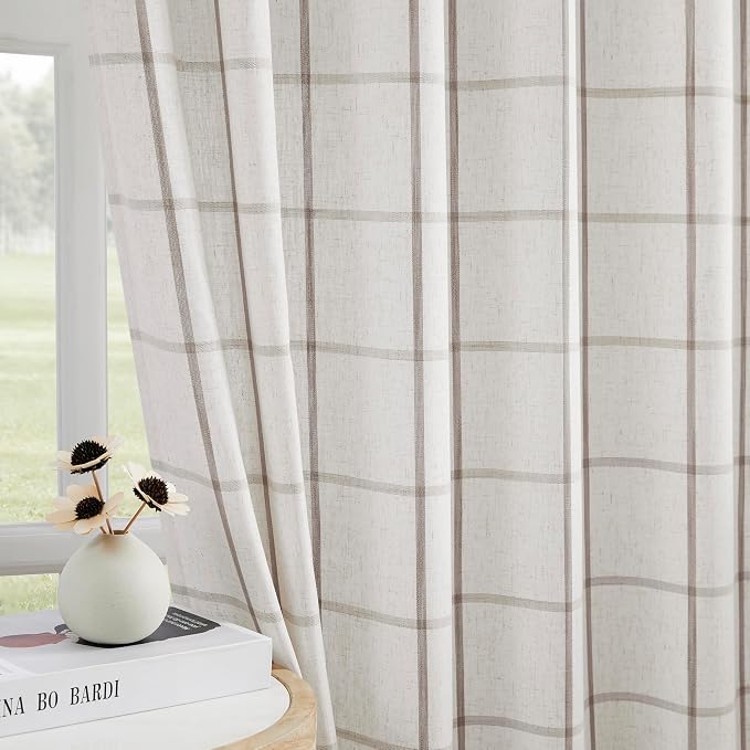 Vision Home Tan Plaid Linen Pinch Pleated Tier Curtains 30 inch, Checkered Semi Sheer Kitchen Curtains with Back Tab & Hooks, Light Filtering Small Window Panels for Bathroom Laundry, 25" Wx30 Lx2