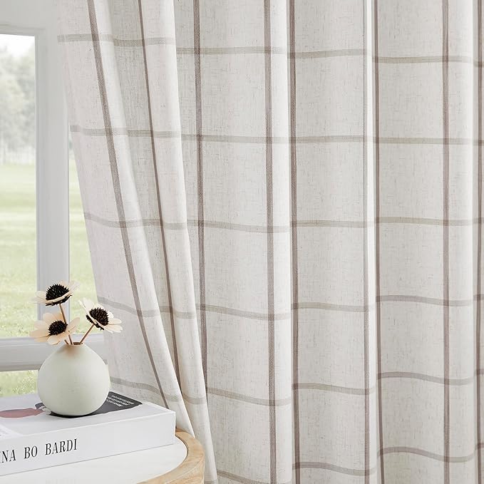 Vision Home Tan Plaid Linen Pinch Pleated Semi Sheer Curtains Checkered Light Filtering Window Panels 108 inches Long for Living Room Bedroom Rustic Pleat Drapes with Back Tab Hooks 40" Wx108 Lx2