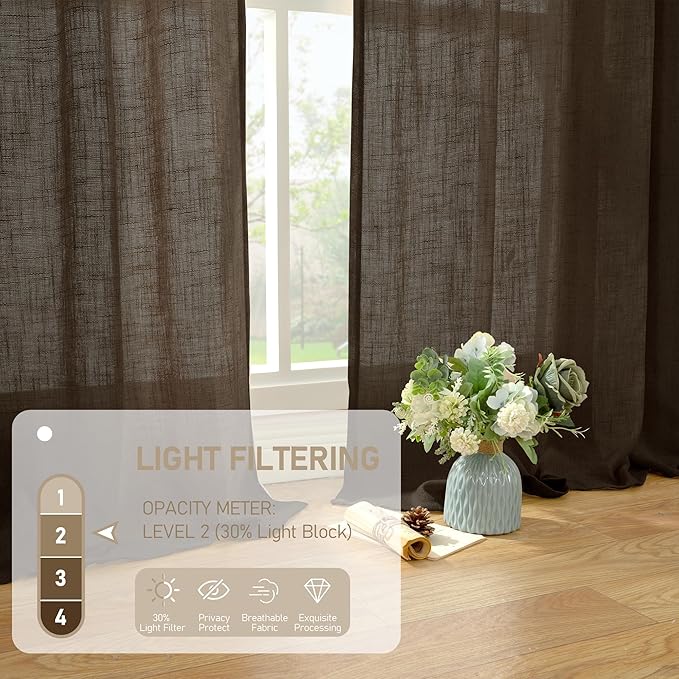 LAMIT Linen Curtains 90 Inch for Living Room, Back Tab and Rod Pocket Linen Textured Farmhouse Curtains Light Filtering Drapes for Bedroom/Dining Room, Dark Brown, Set of 2, 52 x 90 Inch