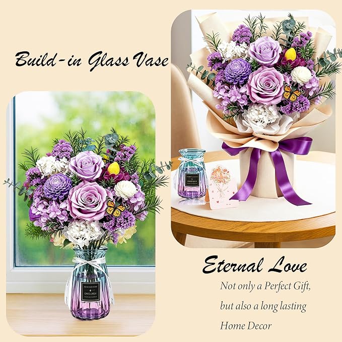 Preserved Flowers Bouquet, Purple Roses Forever Flowers for Delivery | Floral Arrangements in Vase, Birthday Flowers Gifts for Women Wife Mother's Day, Real Fresh Rose Dried