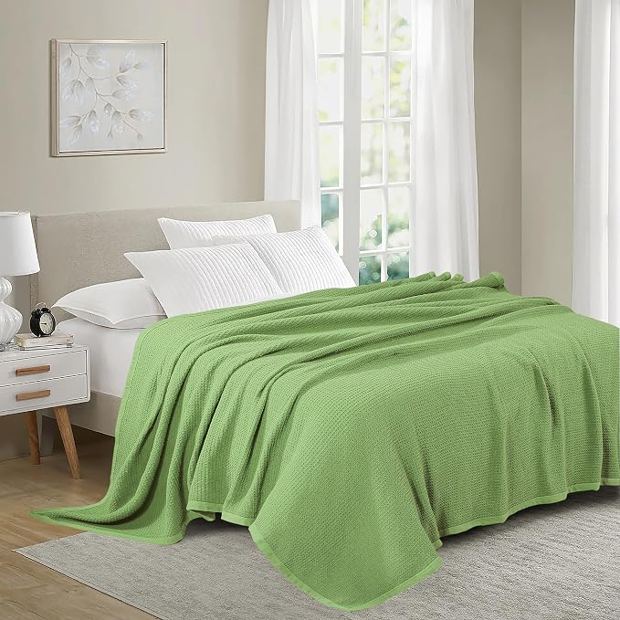 TreeWool Premium 100% Cotton Waffle Queen Blanket (90"x90", Sage Green) | Breathable Lightweight Moisture Wicking Soft Knit Thermal Blanket for Summer, Bed or Sofa All-season Comfort Machine Washable