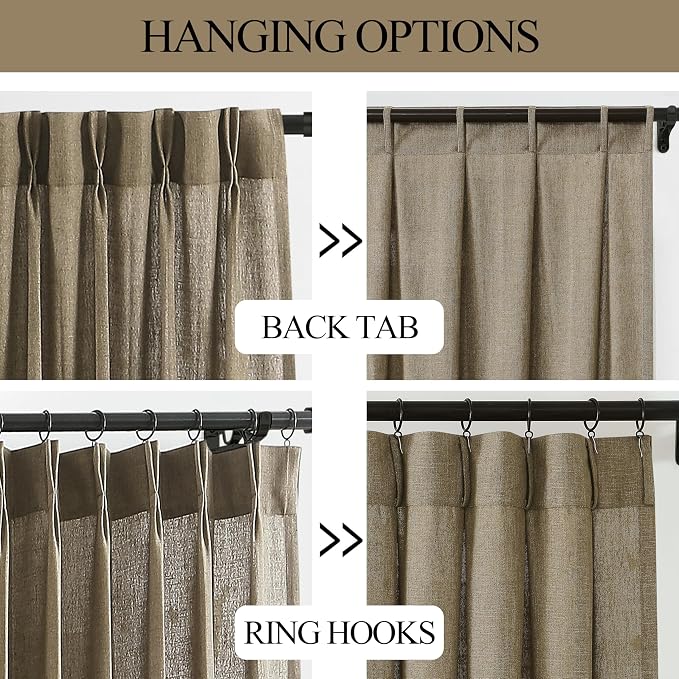 Vision Home Brown Pinch Pleated Semi Sheer Curtains Textured Linen Blended Light Filtering Window Curtains 63 inch for Living Room Bedroom Pinch Pleat Drapes with Hooks 2 Panels 40" Wx63 L