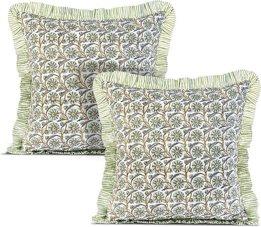 Ridhi Block Print Bloom Bubbles Throw Pillow Cover 24" x 24" (Pack of 2) Decorative Cushion Covers with Ruffle for Couch, Sofa, Bed, Living Room, Home Decor Gift for Spring, Easter, Valentine